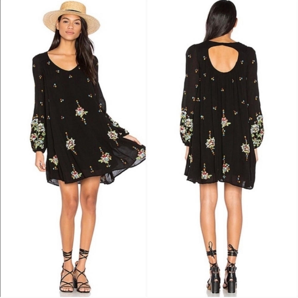 Free People Apollo Gauze Embroidered Floral Poet Sleeve Mini Dress Tunic